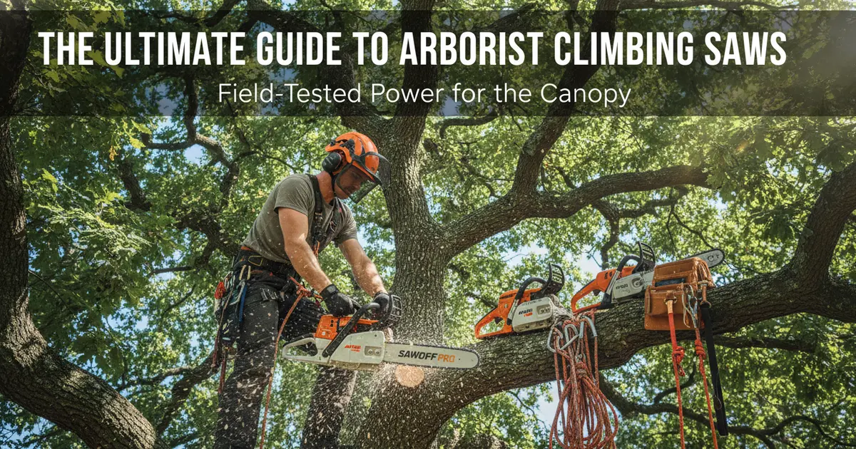 A professional arborist using a high-performance top-handle climbing saw in a dense canopy