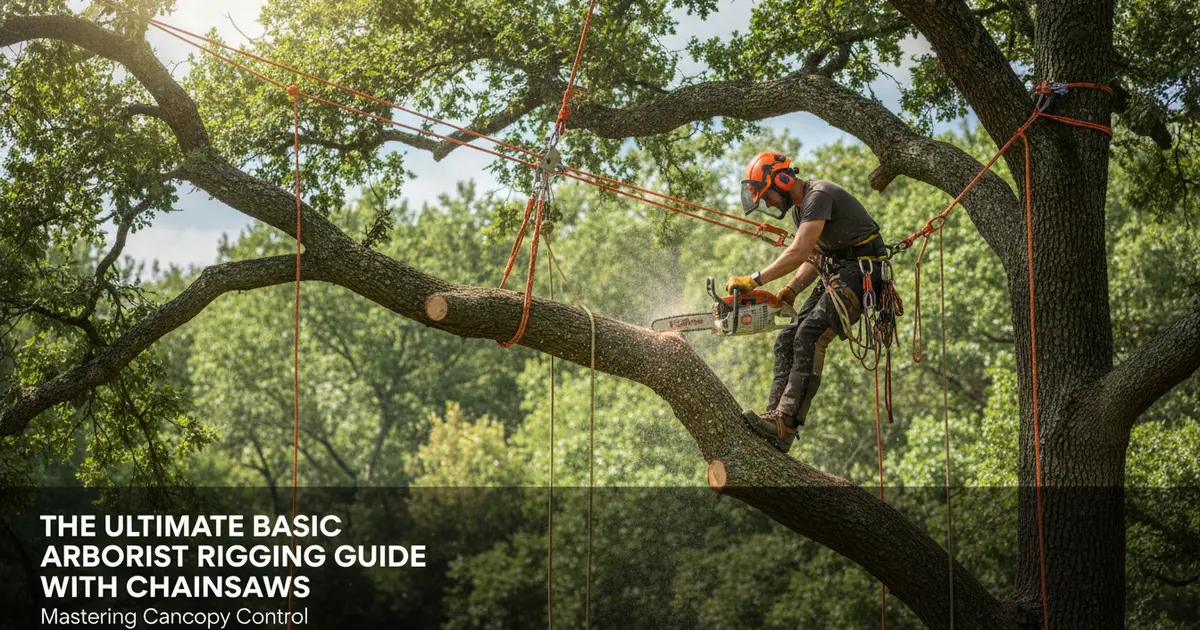 Professional arborist using a chainsaw for rigging in a high-canopy tree