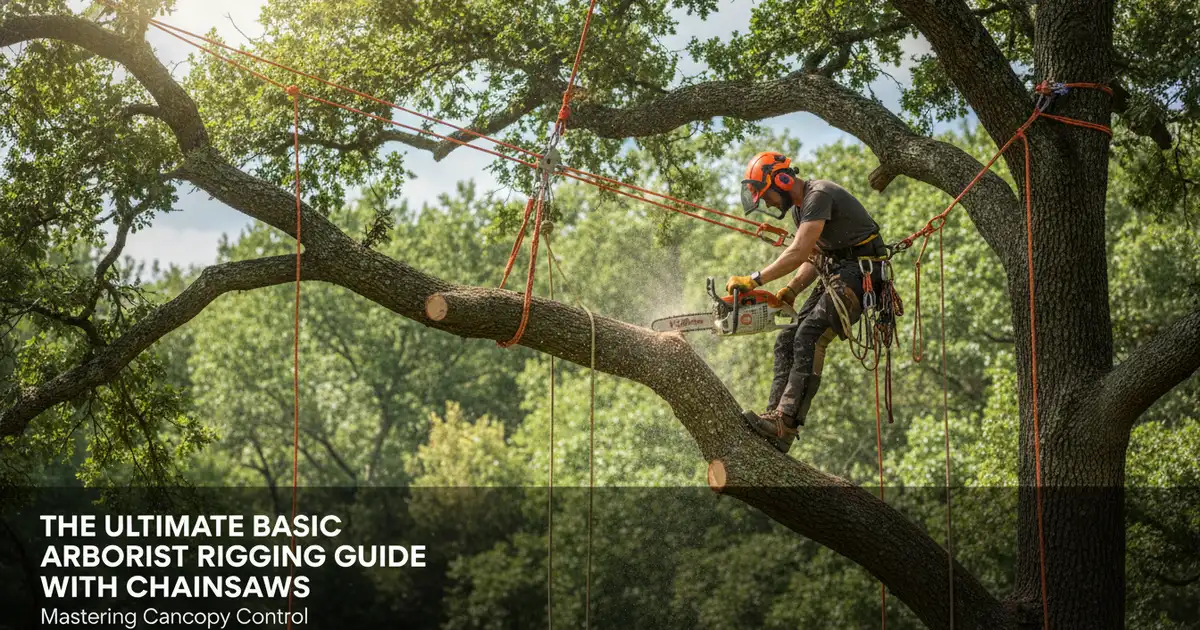 Professional arborist using a chainsaw for rigging in a high-canopy tree