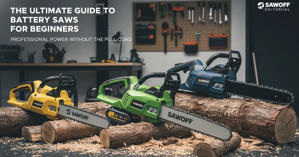 A selection of top-tier battery chainsaws resting on a fresh-cut oak log