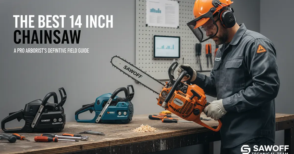 A professional arborist holding the best 14-inch chainsaw during a technical teardown