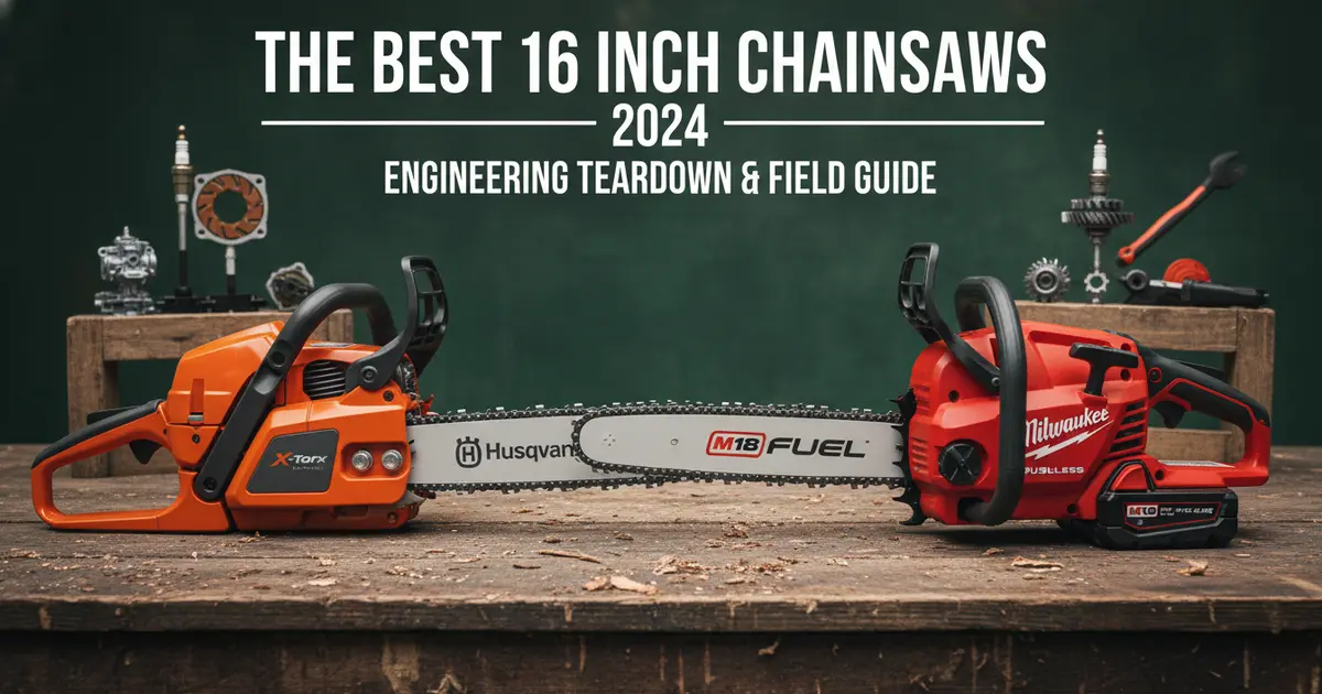A professional arborist testing 16-inch chainsaws in a forest setting