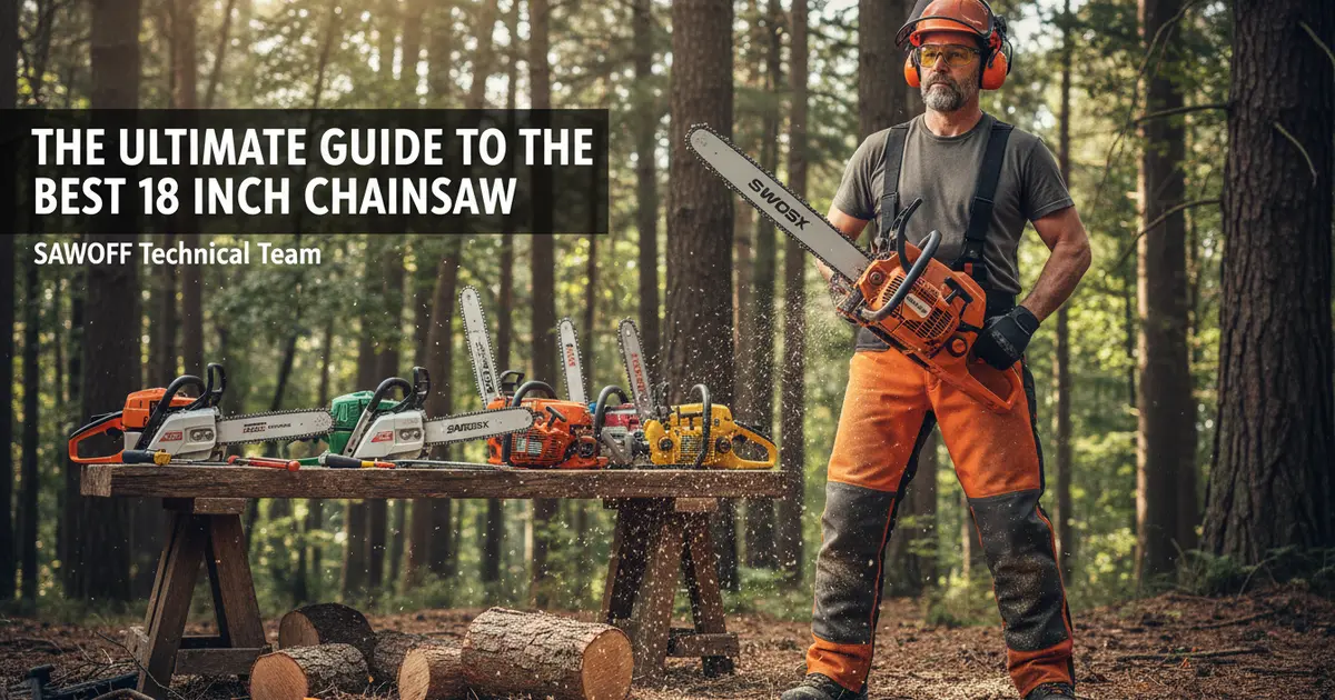 A professional arborist holding a high-performance 18-inch gas chainsaw in a forest setting