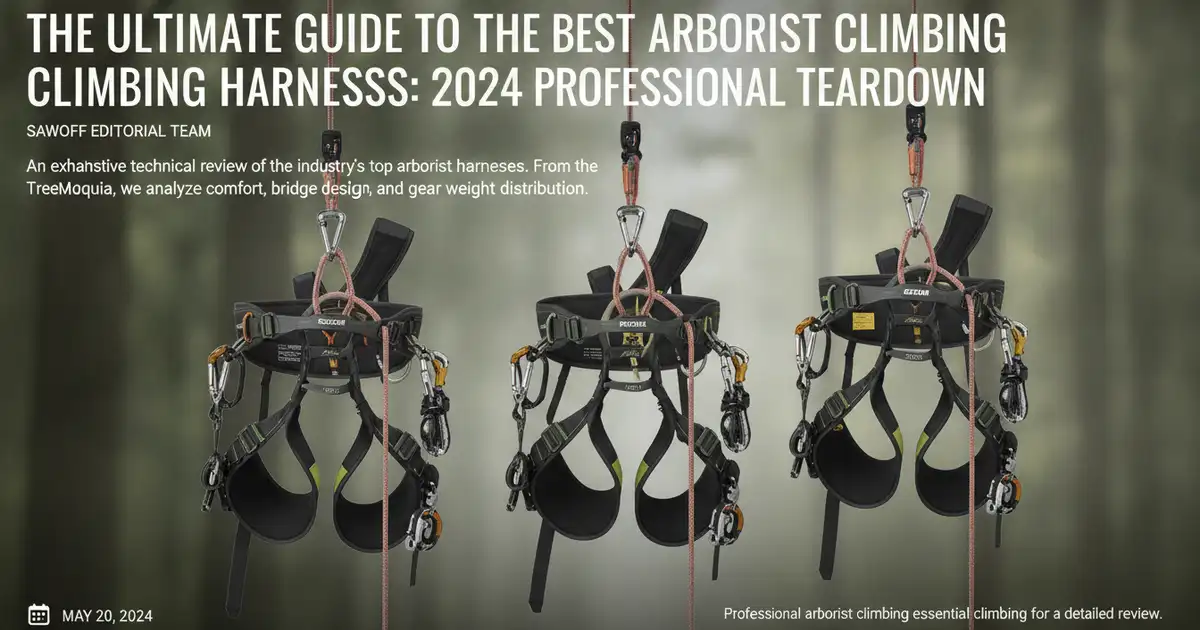 Professional arborist climbing harness hanging with essential gear