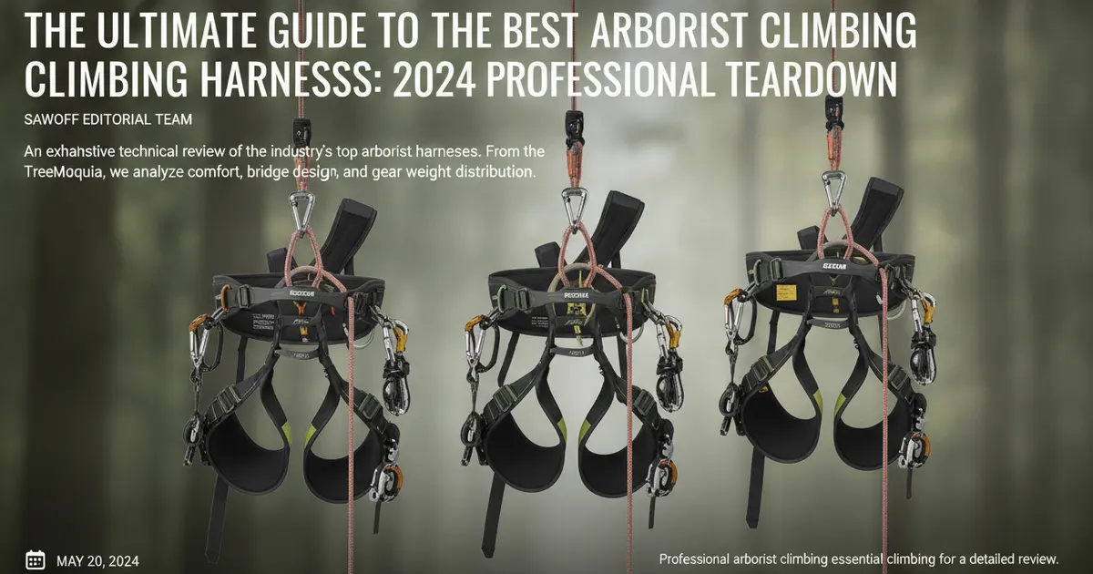 Professional arborist climbing harness hanging with essential gear