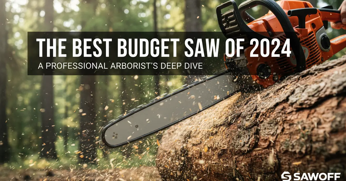 A high-performance budget chainsaw cutting through a thick hardwood log in a forest setting.