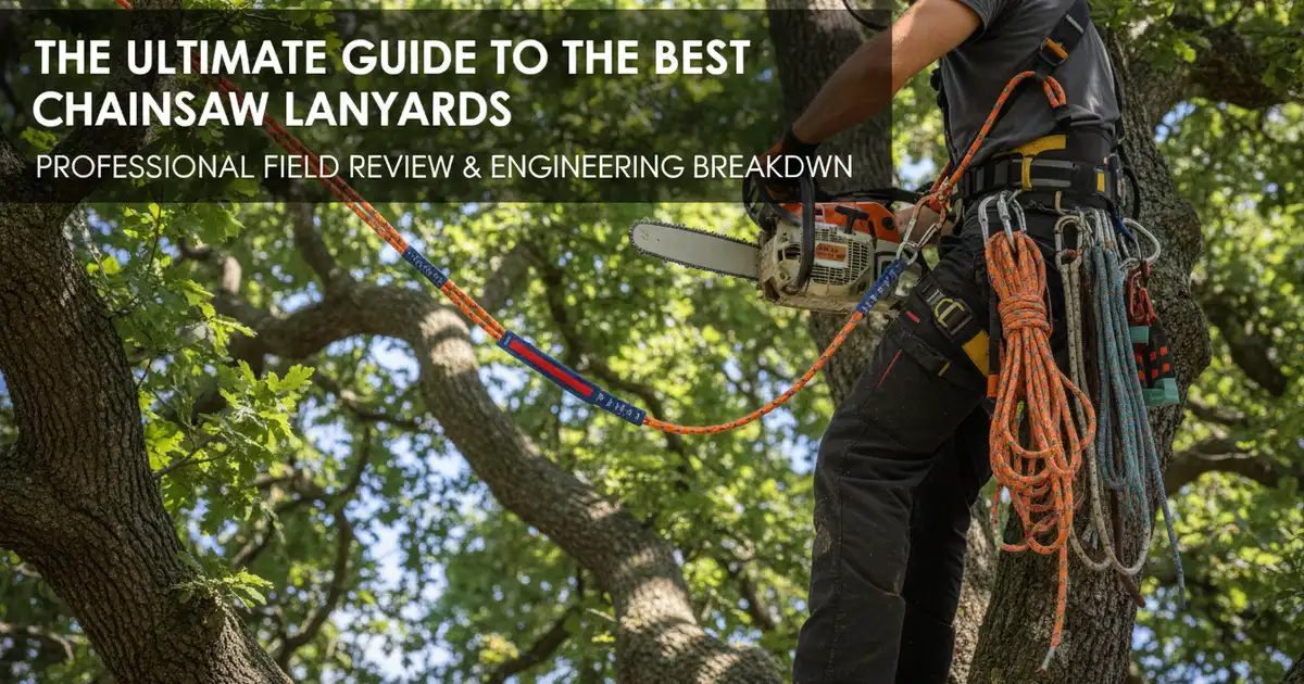 Professional arborist using a heavy-duty chainsaw lanyard in a tree canopy