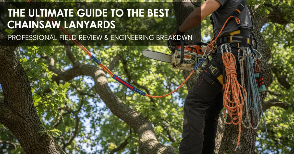 Professional arborist using a heavy-duty chainsaw lanyard in a tree canopy