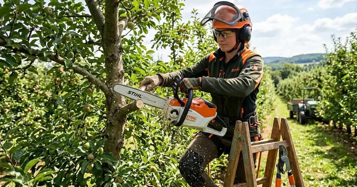 A high-performance cordless chainsaw being used for precision pruning in an orchard