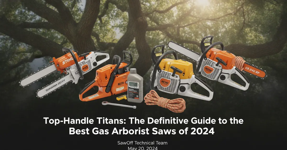 Professional arborist using a top-handle gas chainsaw in a canopy