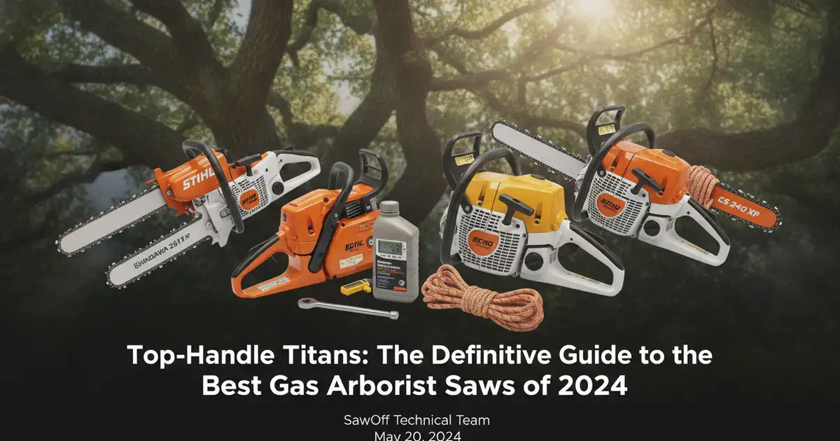 Professional arborist using a top-handle gas chainsaw in a canopy