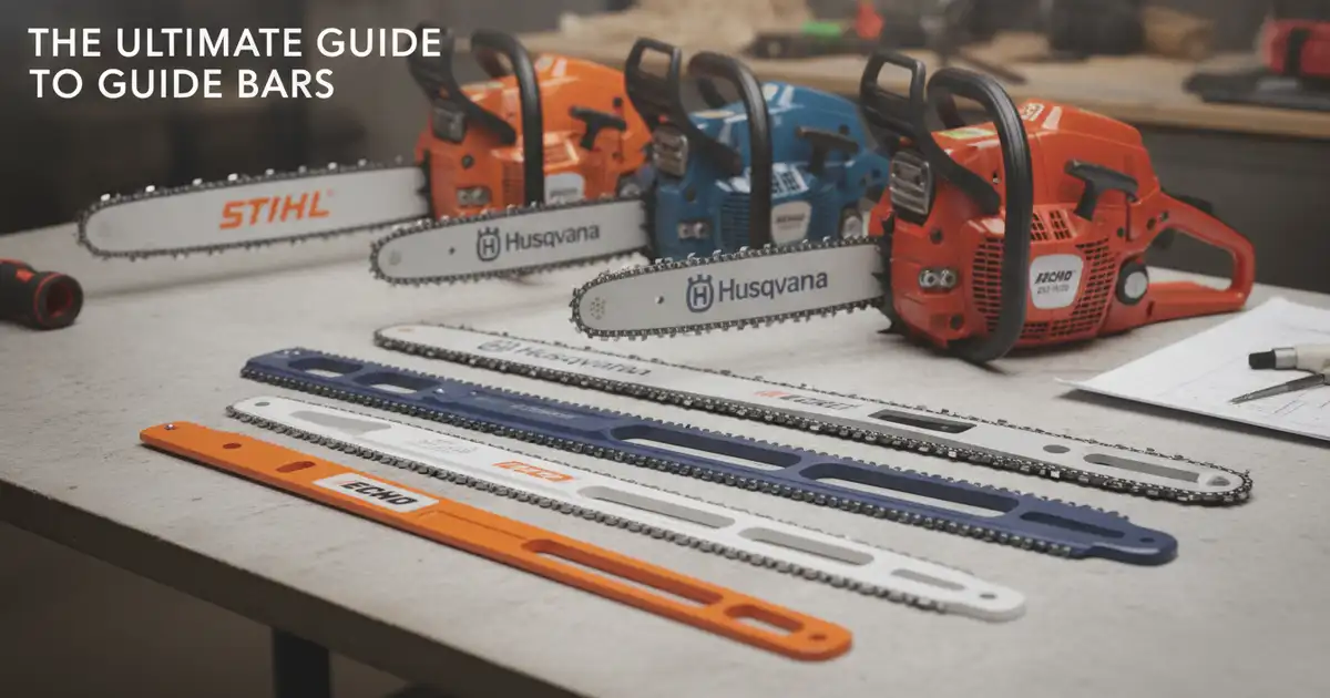 A selection of professional-grade guide bars for top handle arborist chainsaws.