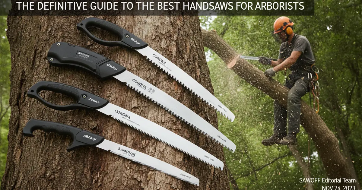 Professional arborist using a Silky handsaw in a tree canopy