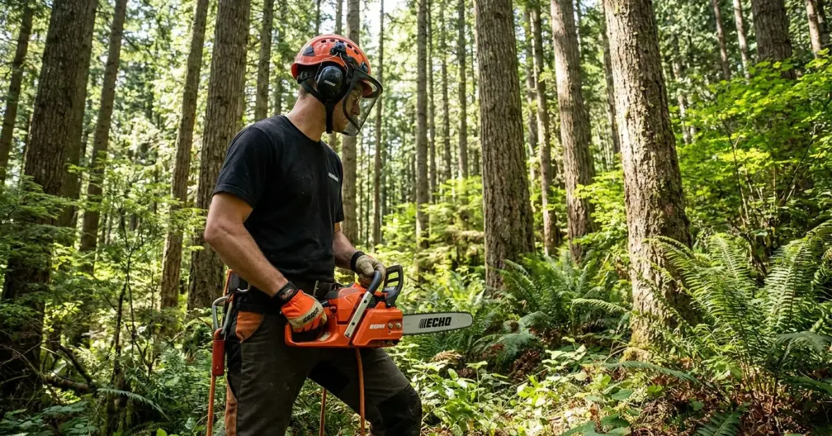 A professional arborist holding a lightweight Echo chainsaw in a forest setting