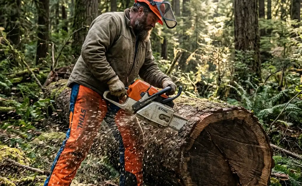 Professional logger using a high-displacement chainsaw on a large hardwood log