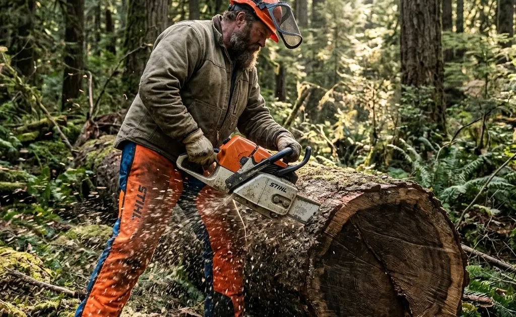 Professional logger using a high-displacement chainsaw on a large hardwood log
