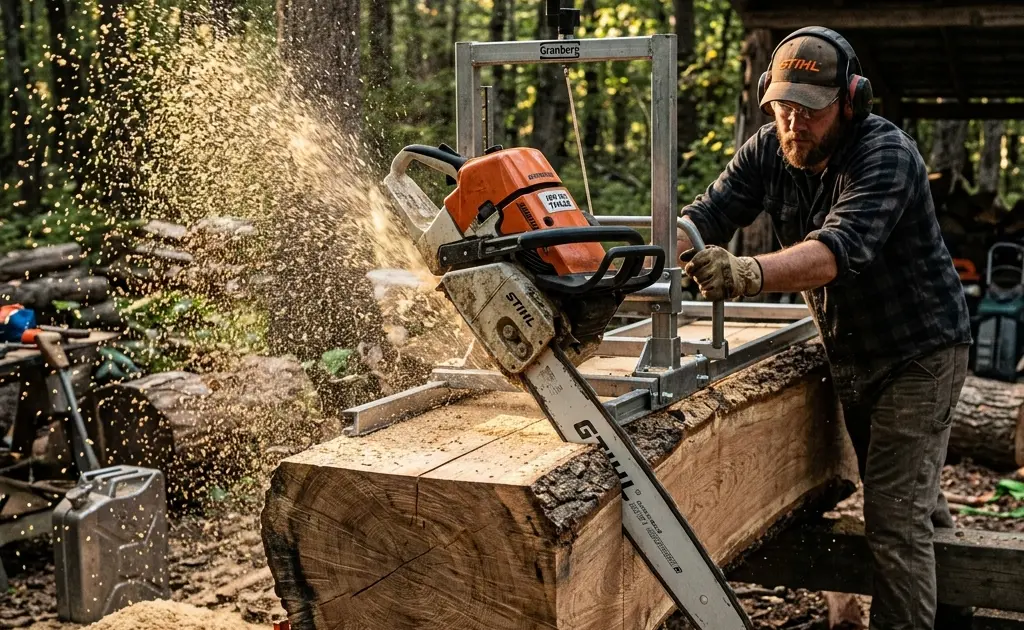 Professional chainsaw milling setup with a high-capacity powerhead