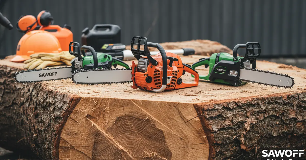 A selection of occasional use gas and battery chainsaws resting on a freshly cut oak log