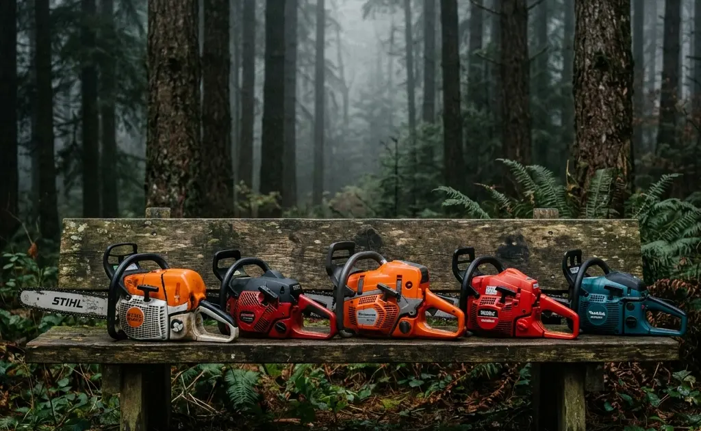A selection of high-performance professional chainsaws in a forest setting