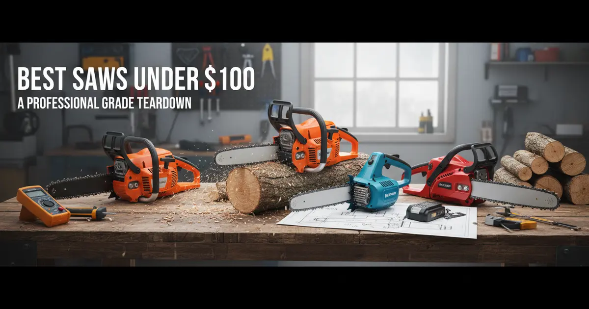 A selection of budget-friendly chainsaws under 100 dollars being tested on pine logs