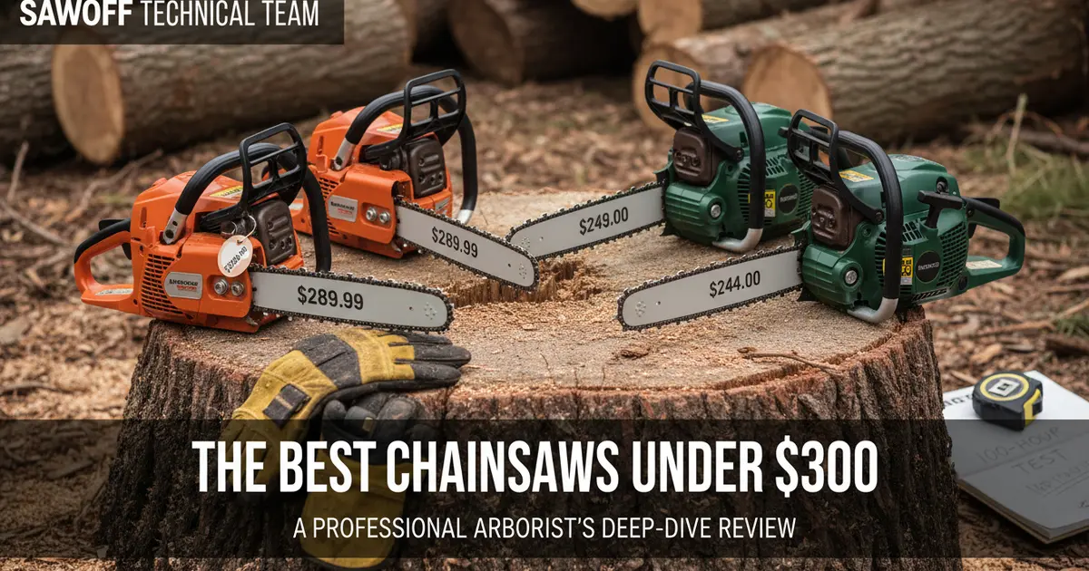A selection of gas-powered and battery chainsaws in the under 300 price range sitting on a fresh-cut oak log.