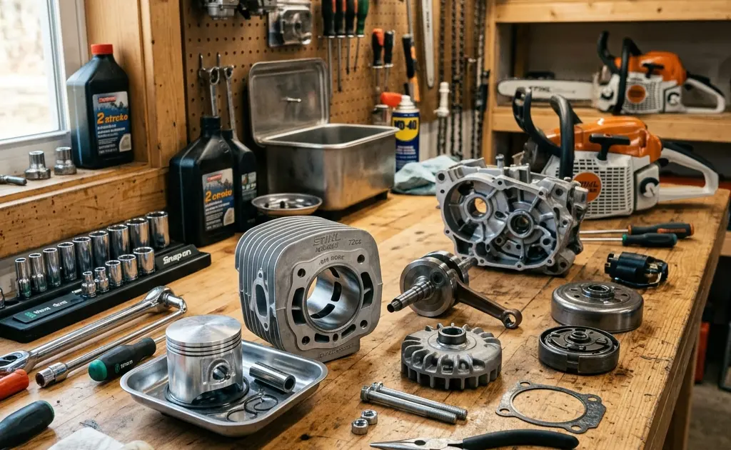 A disassembled chainsaw engine showing a high-performance big bore cylinder and piston kit.
