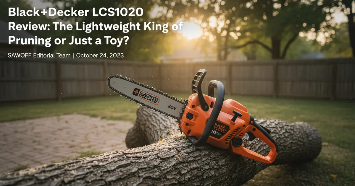 Black+Decker LCS1020 20V Cordless Chainsaw in a residential backyard setting