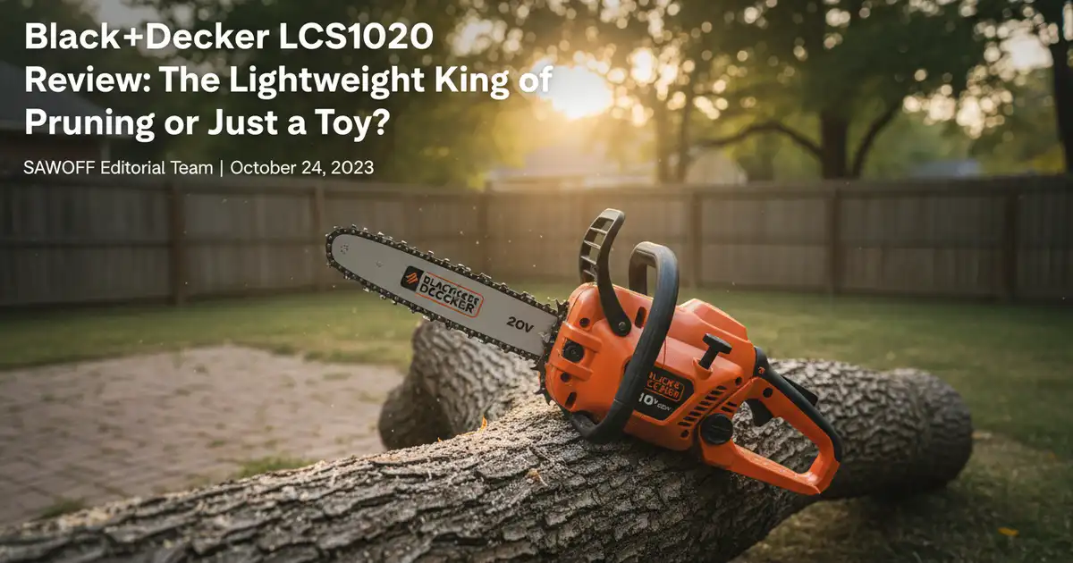 Black+Decker LCS1020 20V Cordless Chainsaw in a residential backyard setting