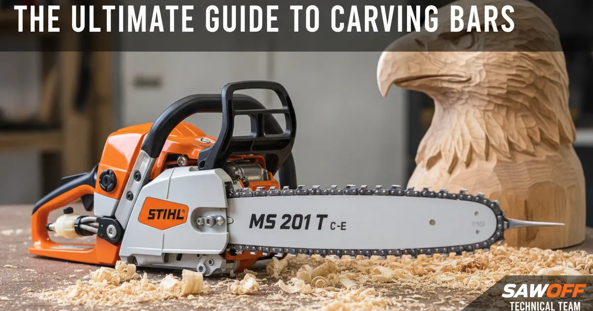 A professional top-handle chainsaw equipped with a dime-tip carving bar resting on a cedar log.