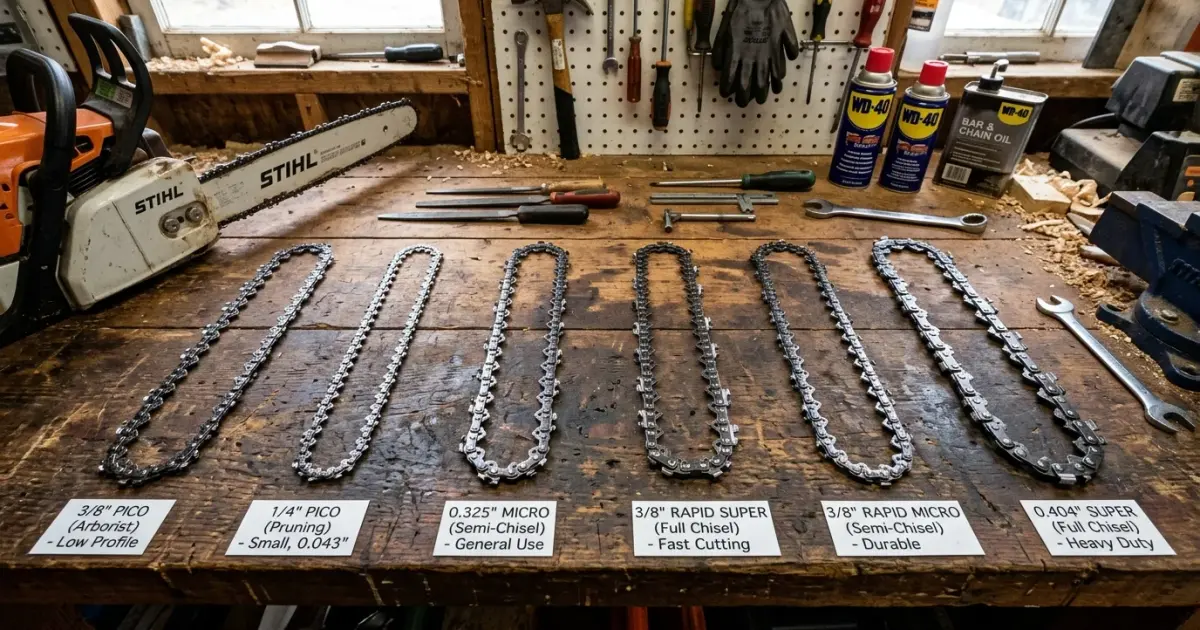 Various chainsaw chain types with full chisel and semi chisel cutters laid out on a workbench
