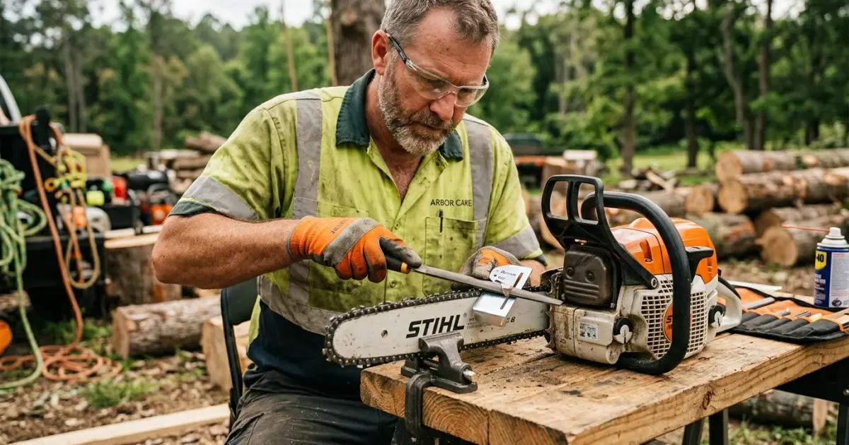 A professional arborist sharpening a chainsaw chain with precision angles