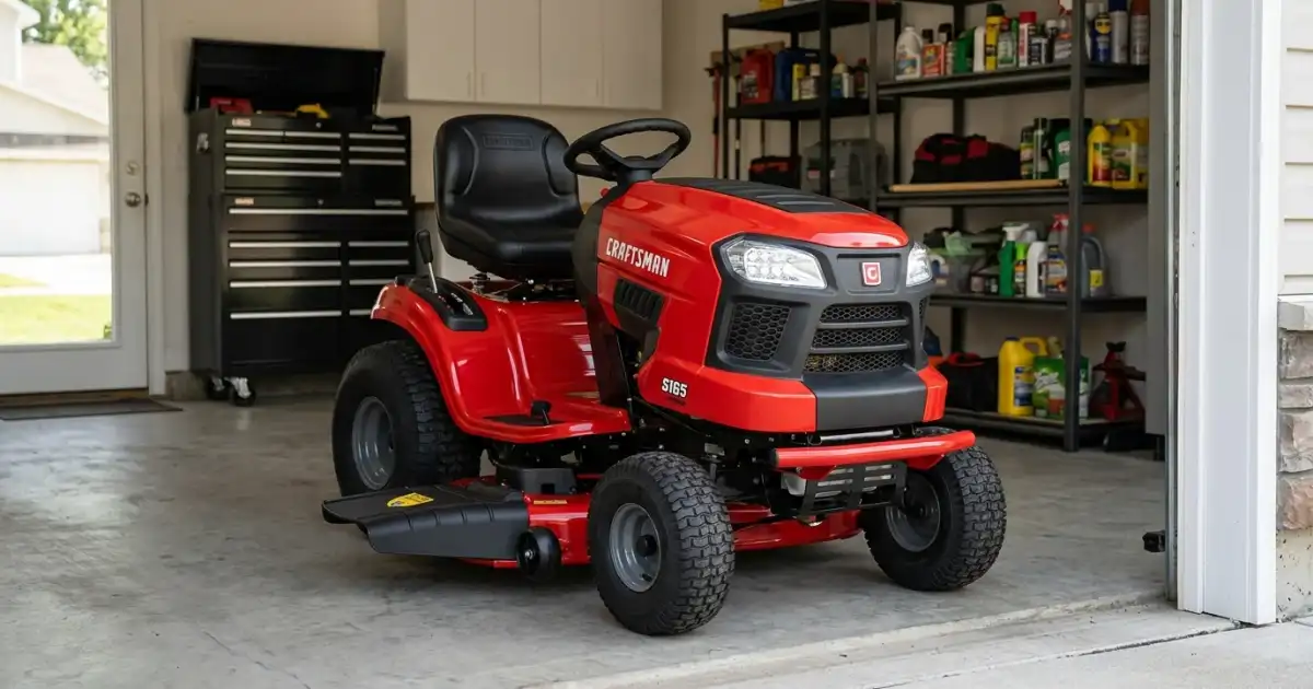 Craftsman S165 42cc gas chainsaw resting on a fresh cut log in a residential yard