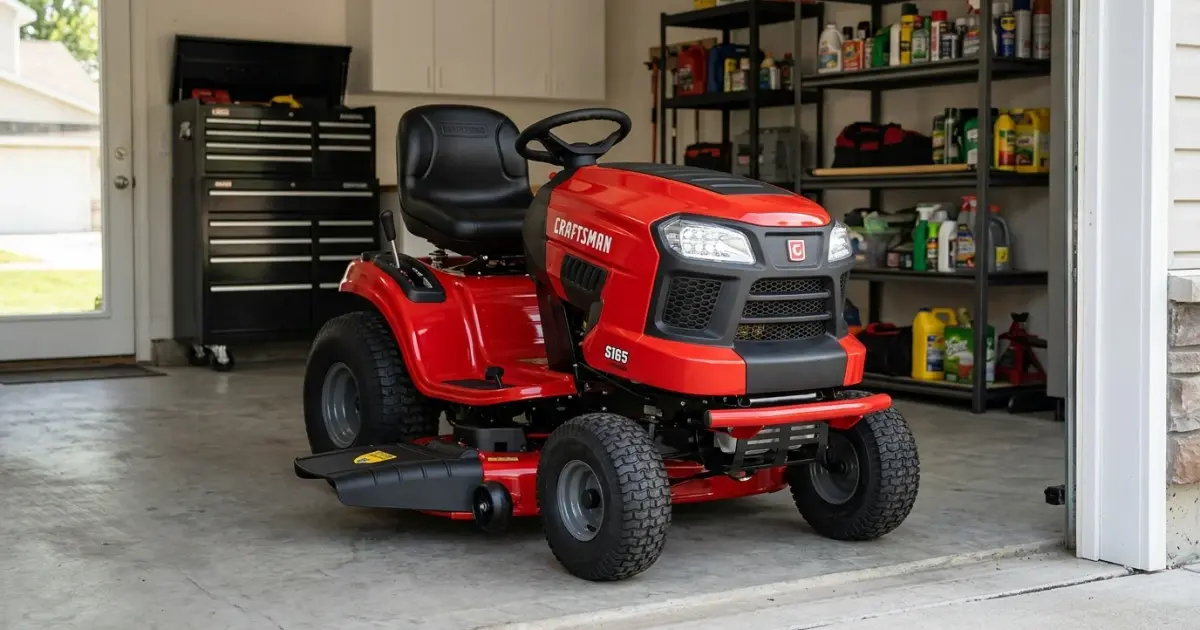 Craftsman S165 42cc gas chainsaw resting on a fresh cut log in a residential yard
