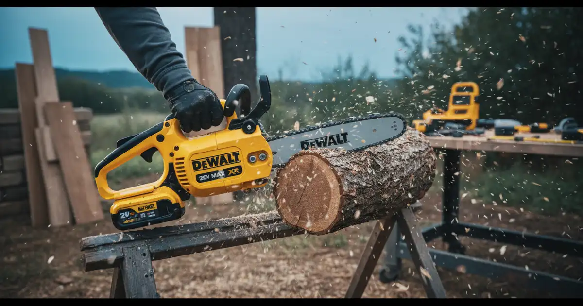 DeWalt 20V Max XR compact cordless chainsaw being used to limb a downed tree