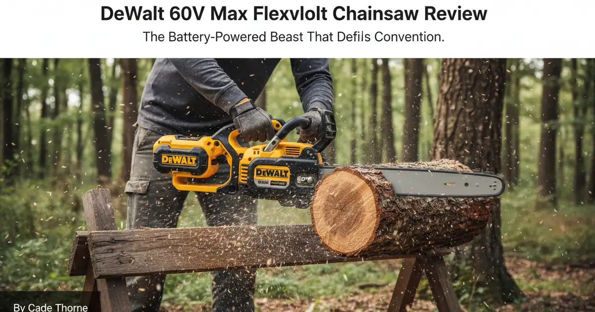 DeWalt 60V Max FlexVolt 16-inch cordless chainsaw cutting through a thick oak log