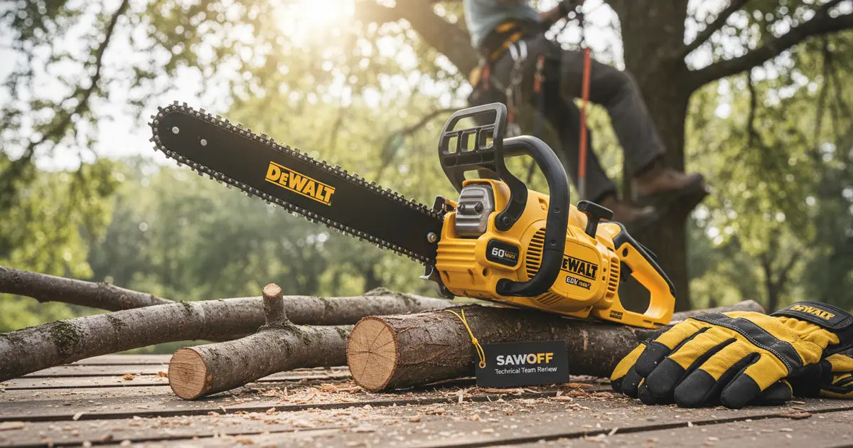 DeWalt DCCS674 60V MAX Top Handle Chainsaw in a professional arborist setting
