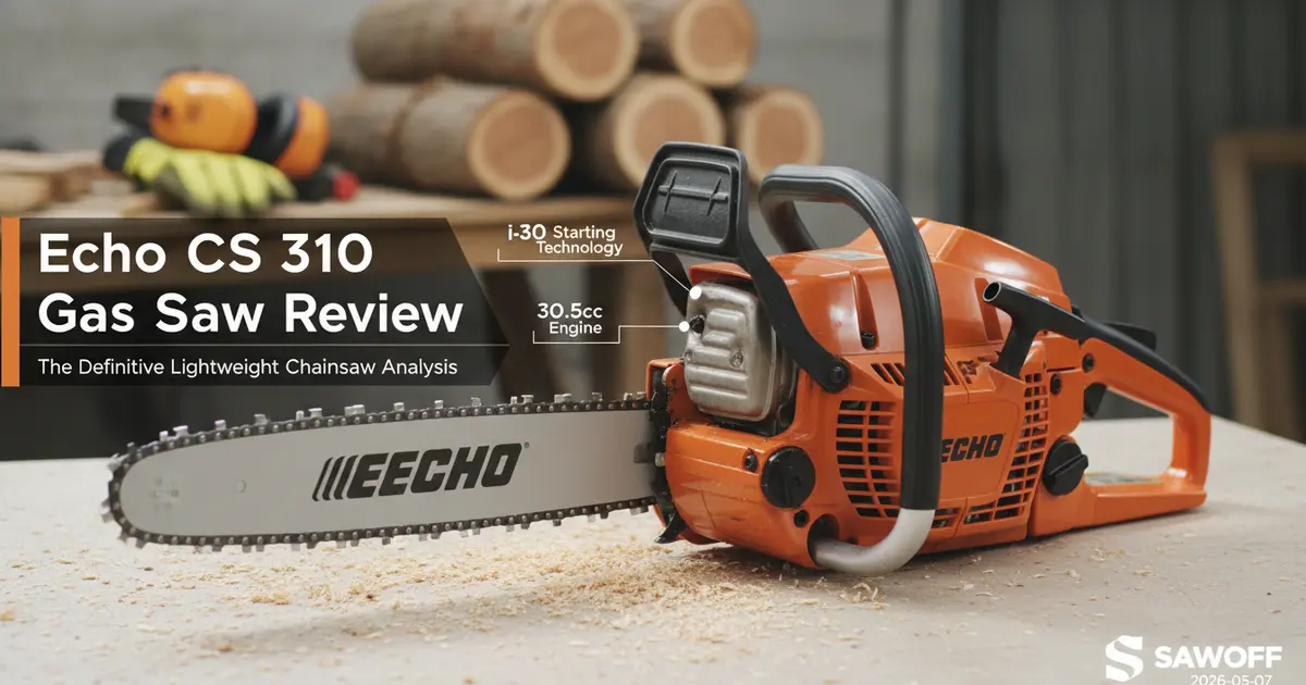 Echo CS 310 lightweight 30.5cc gas chainsaw resting on a wooden log after a cut