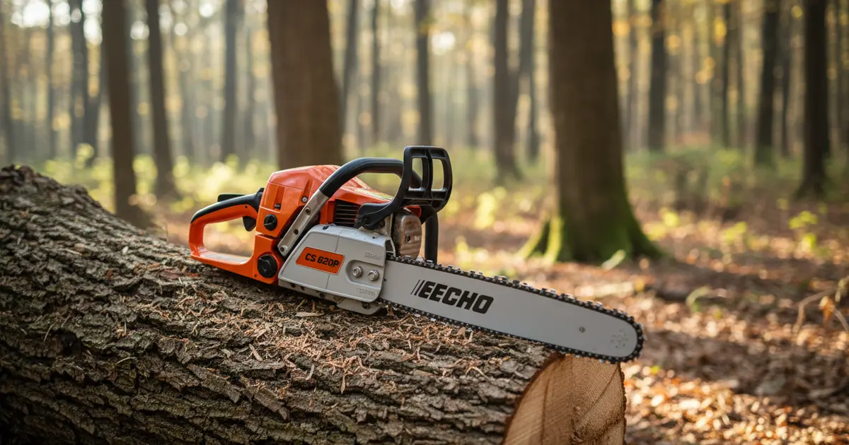 Echo CS 620P Professional Gas Chainsaw resting on a large oak log