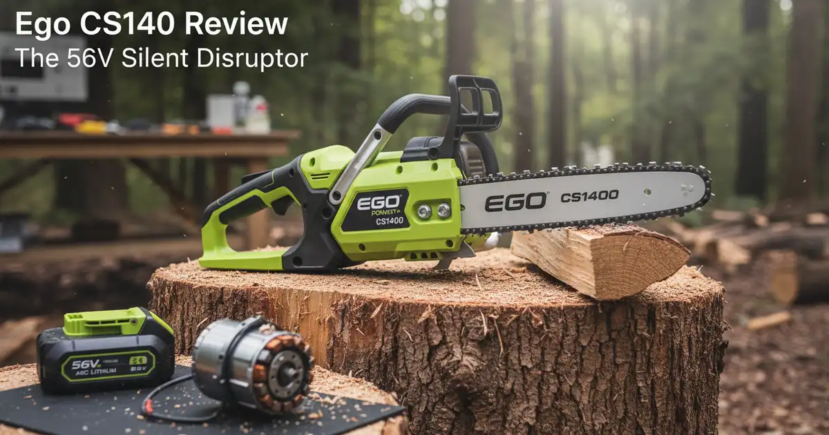 Ego CS1400 14-inch cordless chainsaw on a wood stump after a light pruning job