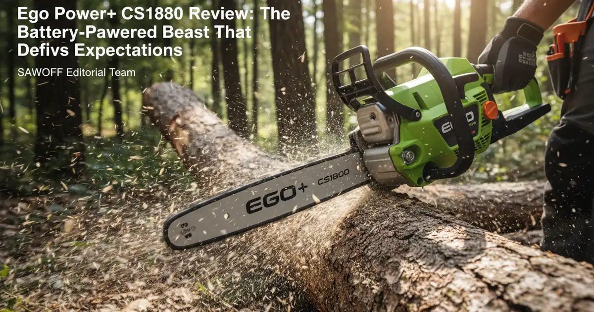 Ego CS1800 18-inch cordless chainsaw with LED headlights cutting through a large log at dusk