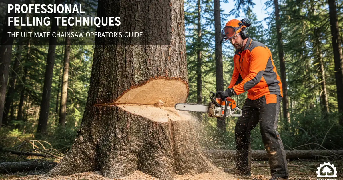 Professional arborist performing a precise open-face felling cut with a high-performance chainsaw