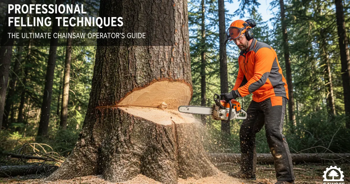 Professional arborist performing a precise open-face felling cut with a high-performance chainsaw