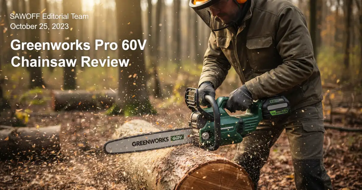 Greenworks Pro 60V 18-inch cordless chainsaw bucking a large hardwood log in the woods