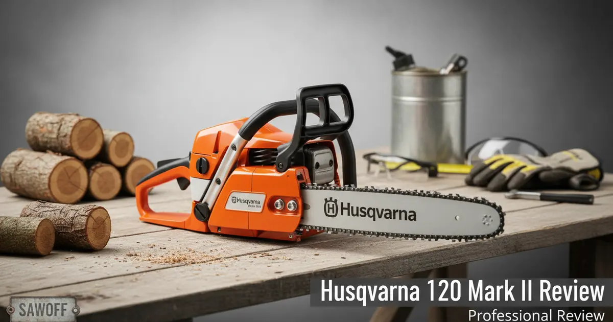 Husqvarna 120 Mark II entry-level 38.2cc gas chainsaw on a wood stump after light pruning