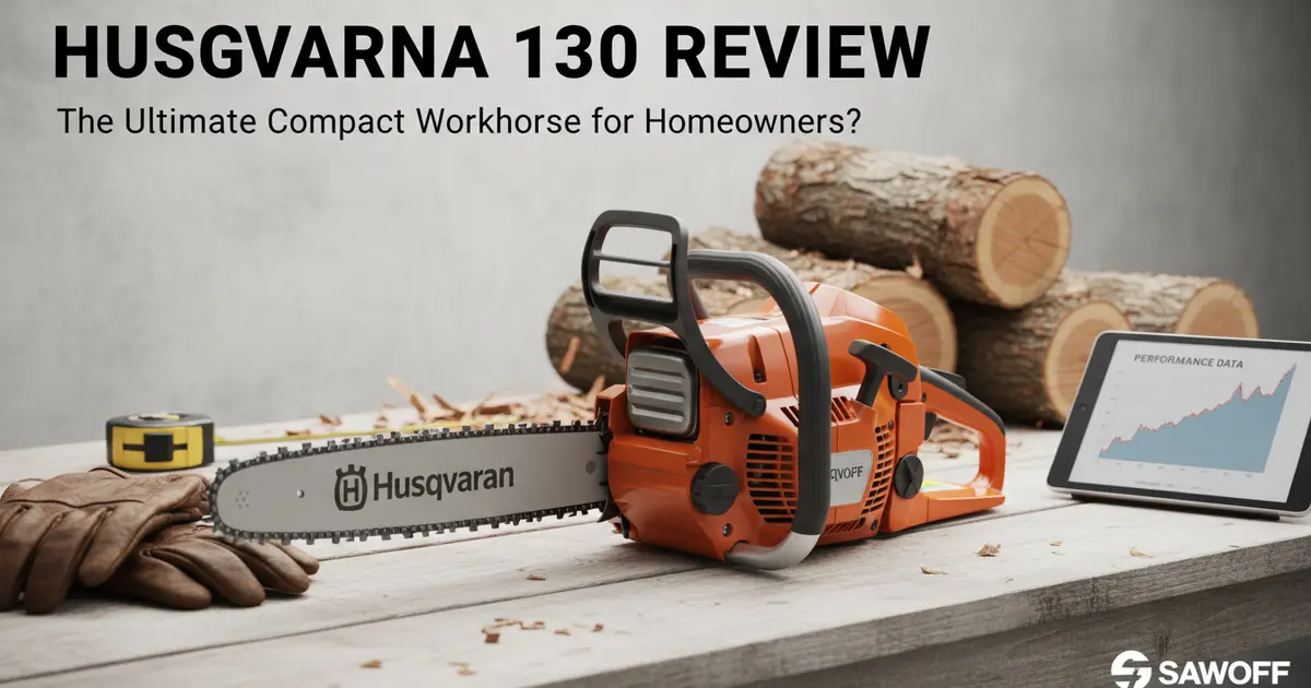 Husqvarna 130 compact 38cc gas chainsaw resting on a 10-inch log in a suburban garden