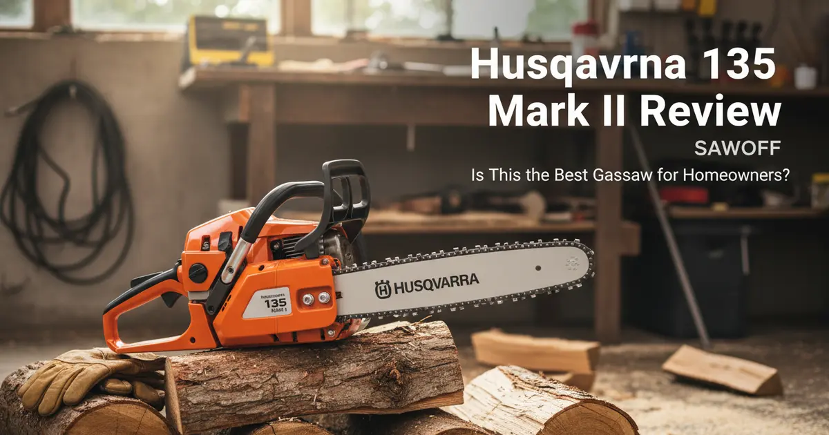 Husqvarna 135 Mark II 38cc entry-level gas chainsaw on a wood stump after a light pruning session