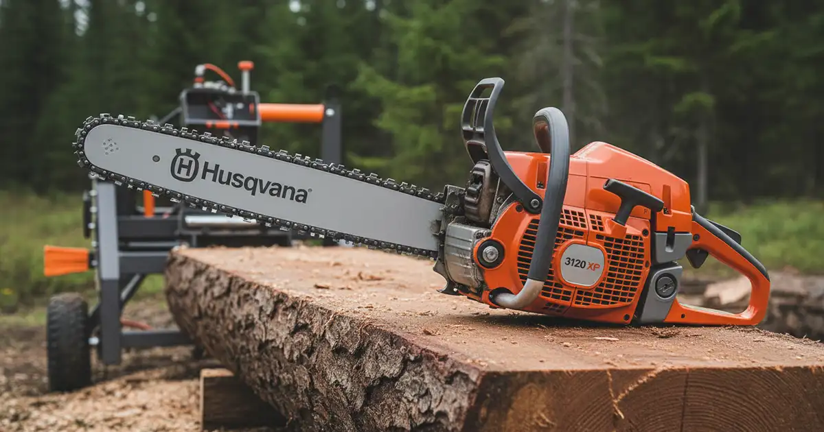 Husqvarna 3120 XP professional gas chainsaw showing large engine crankcase and robust design