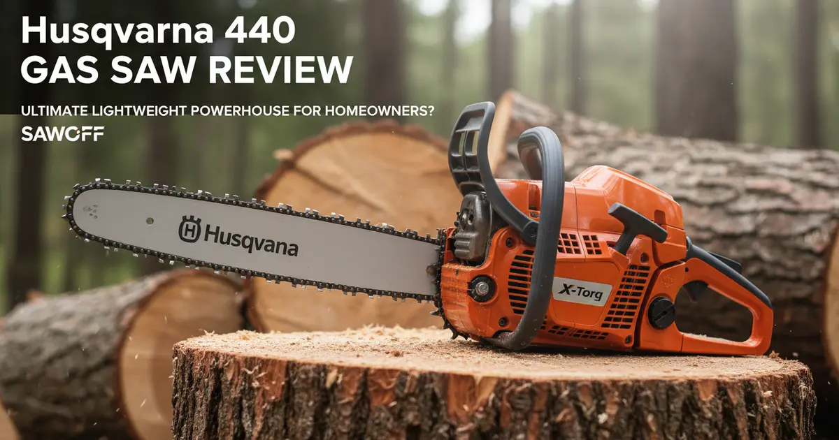 Husqvarna 440 lightweight 40.9cc gas chainsaw on a fresh cut oak log in a residential yard