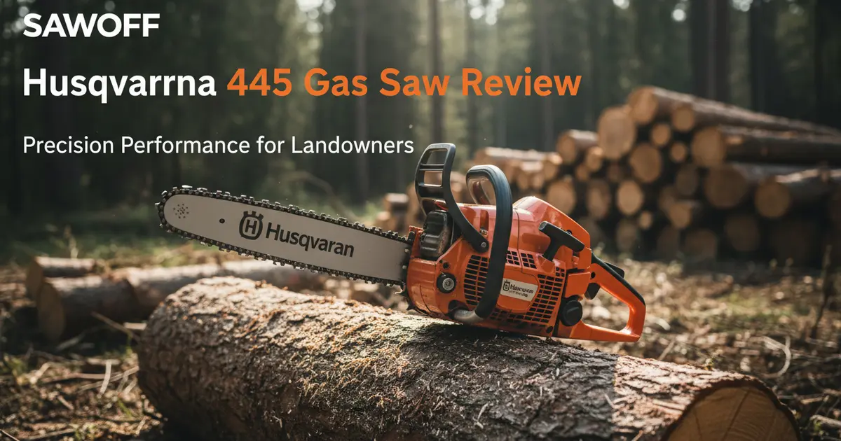 Husqvarna 445 versatile 45.7cc gas chainsaw resting on a stack of medium-sized hardwood logs