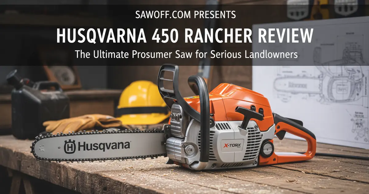 Husqvarna 450 Rancher 50.2cc gas chainsaw resting on a fresh cut oak log